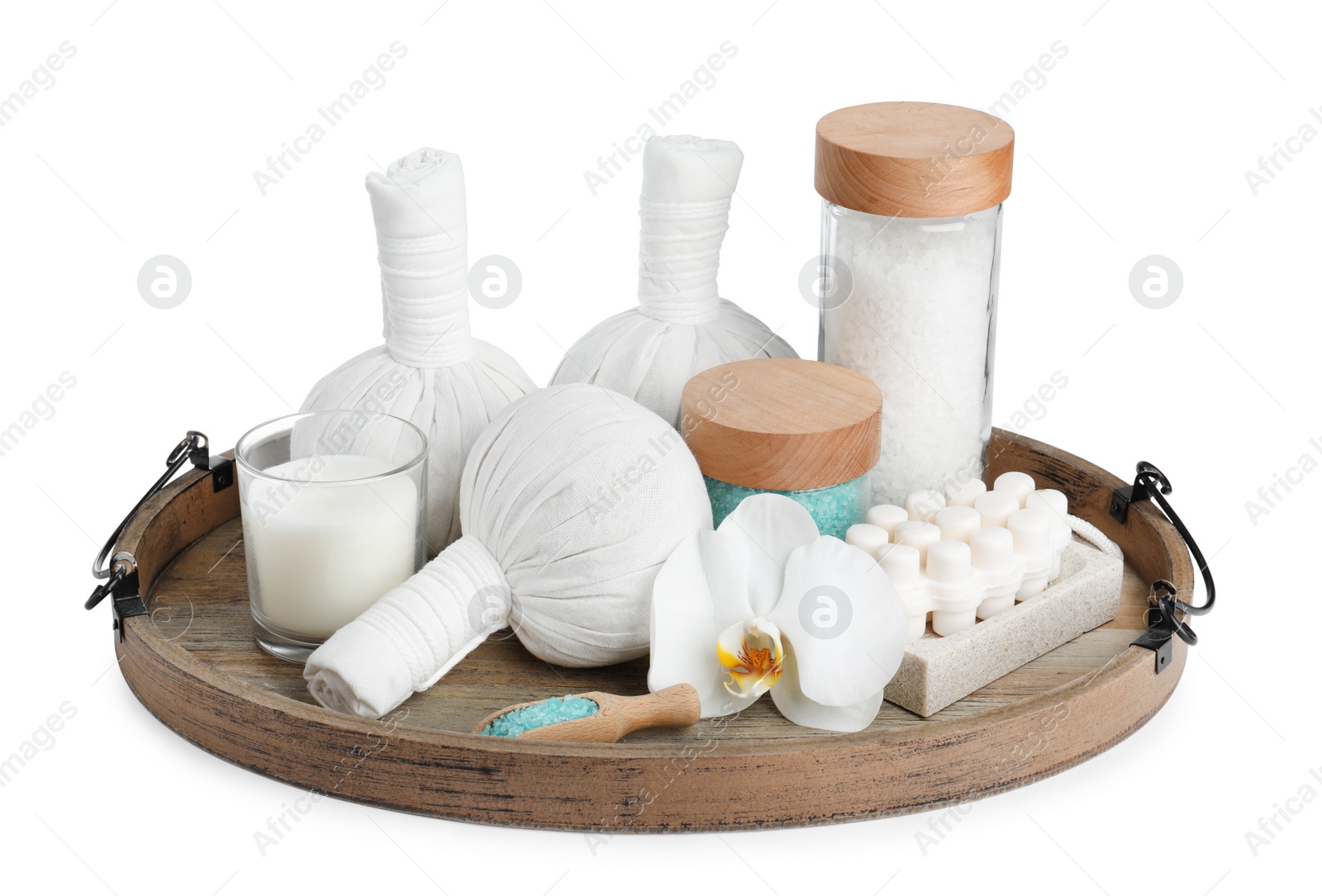 Photo of Beautiful spa composition with different care products isolated on white