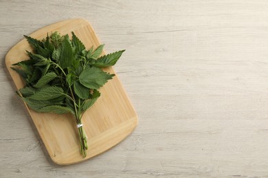 Photo of Fresh stinging nettles on white wooden table, top view. Space for text