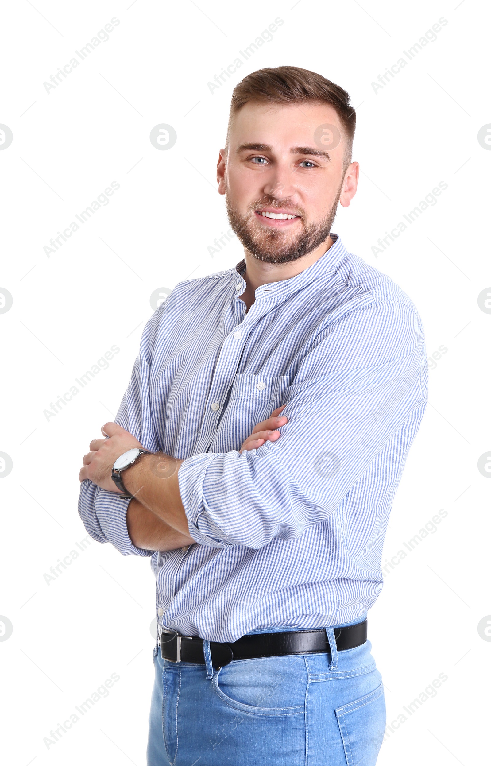 Photo of Portrait of handsome happy man on white background