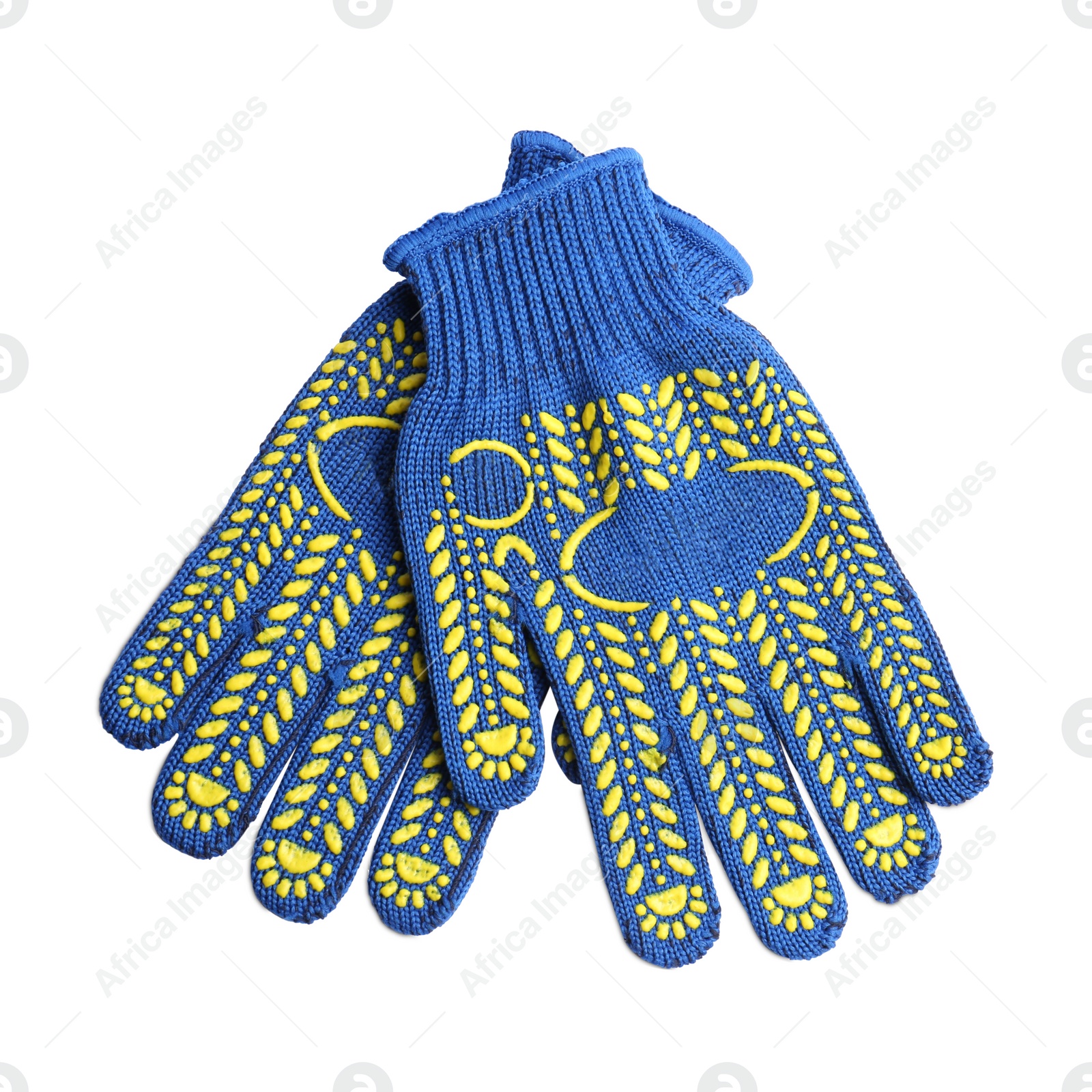 Photo of Blue gardening gloves on white background, top view