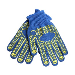 Photo of Blue gardening gloves on white background, top view