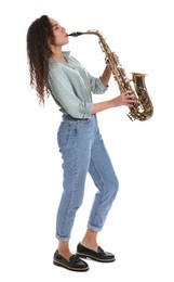 Photo of Beautiful African American woman playing saxophone on white background