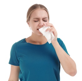 Photo of Young woman suffering from allergy on white background