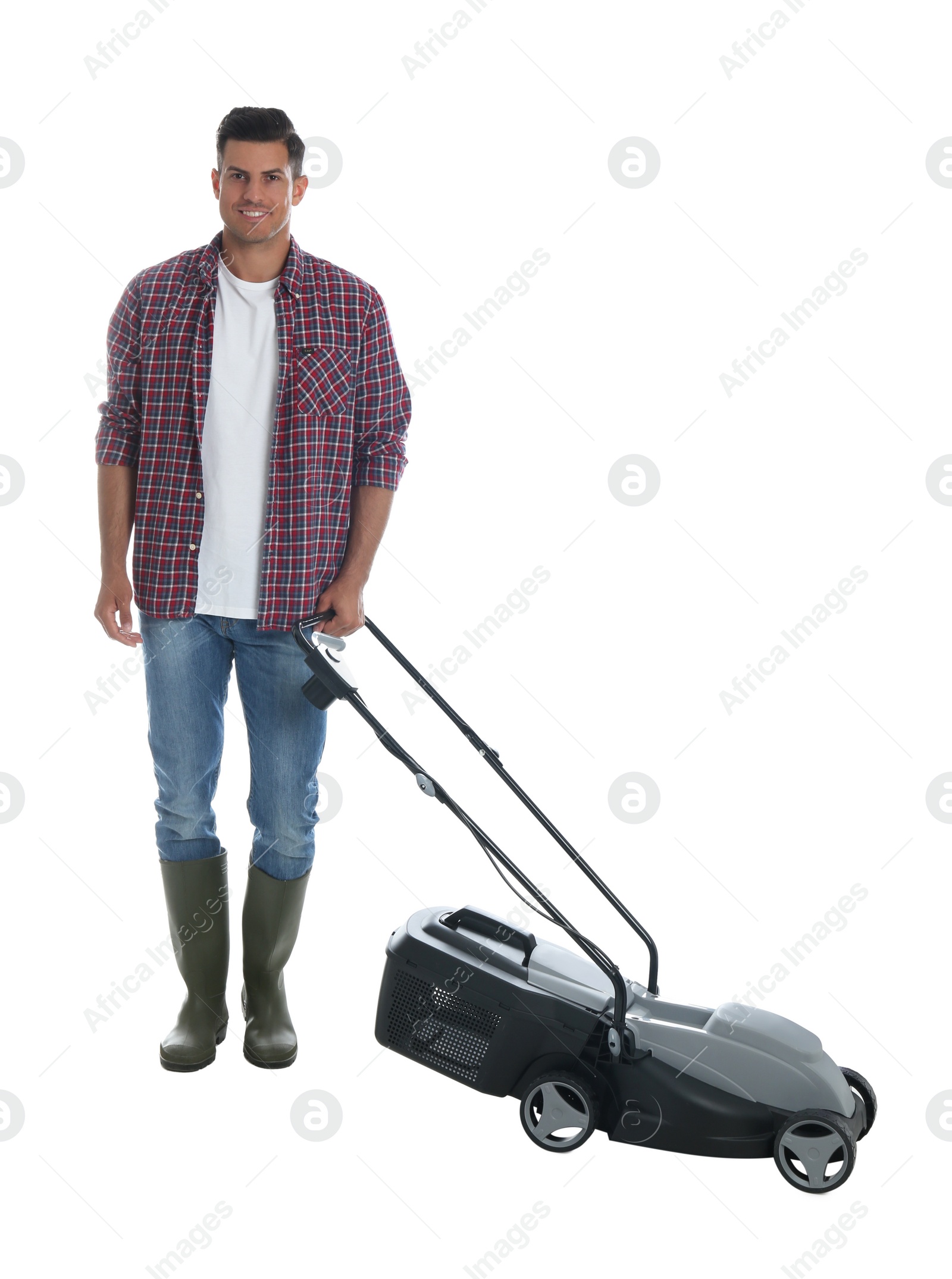 Photo of Man with modern lawn mower on white background