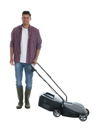 Man with modern lawn mower on white background