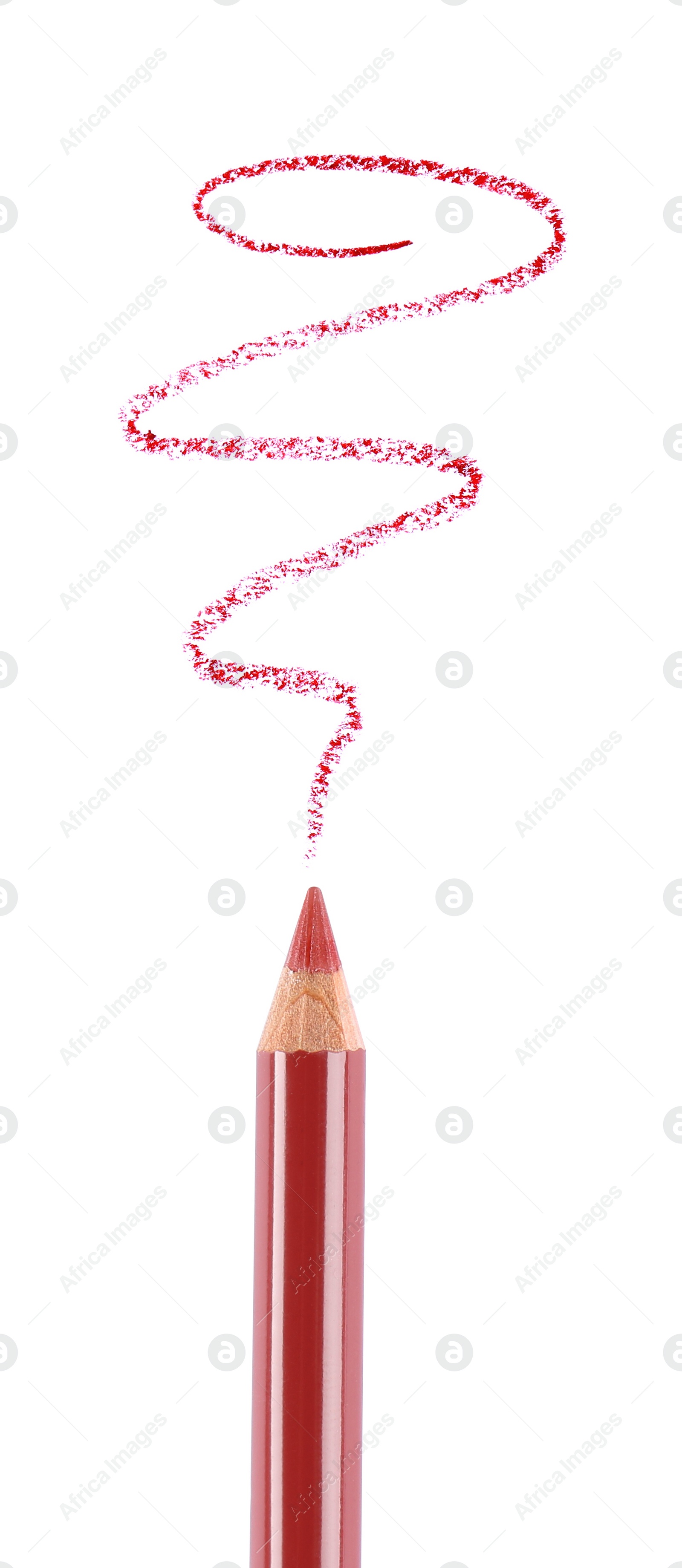 Photo of Bright lip liner stroke and pencil on white background, top view