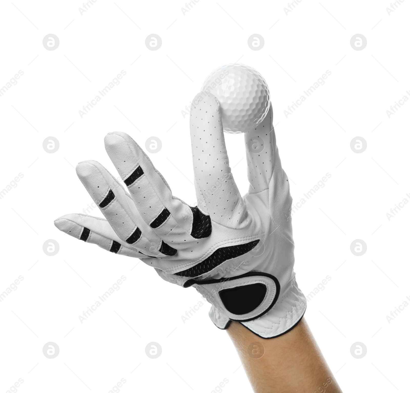 Photo of Player holding golf ball on white background, closeup