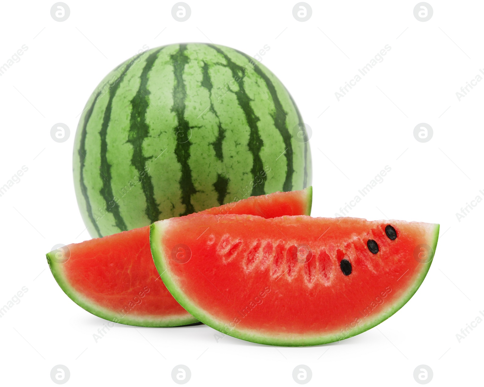 Photo of Delicious cut and whole ripe watermelons isolated on white