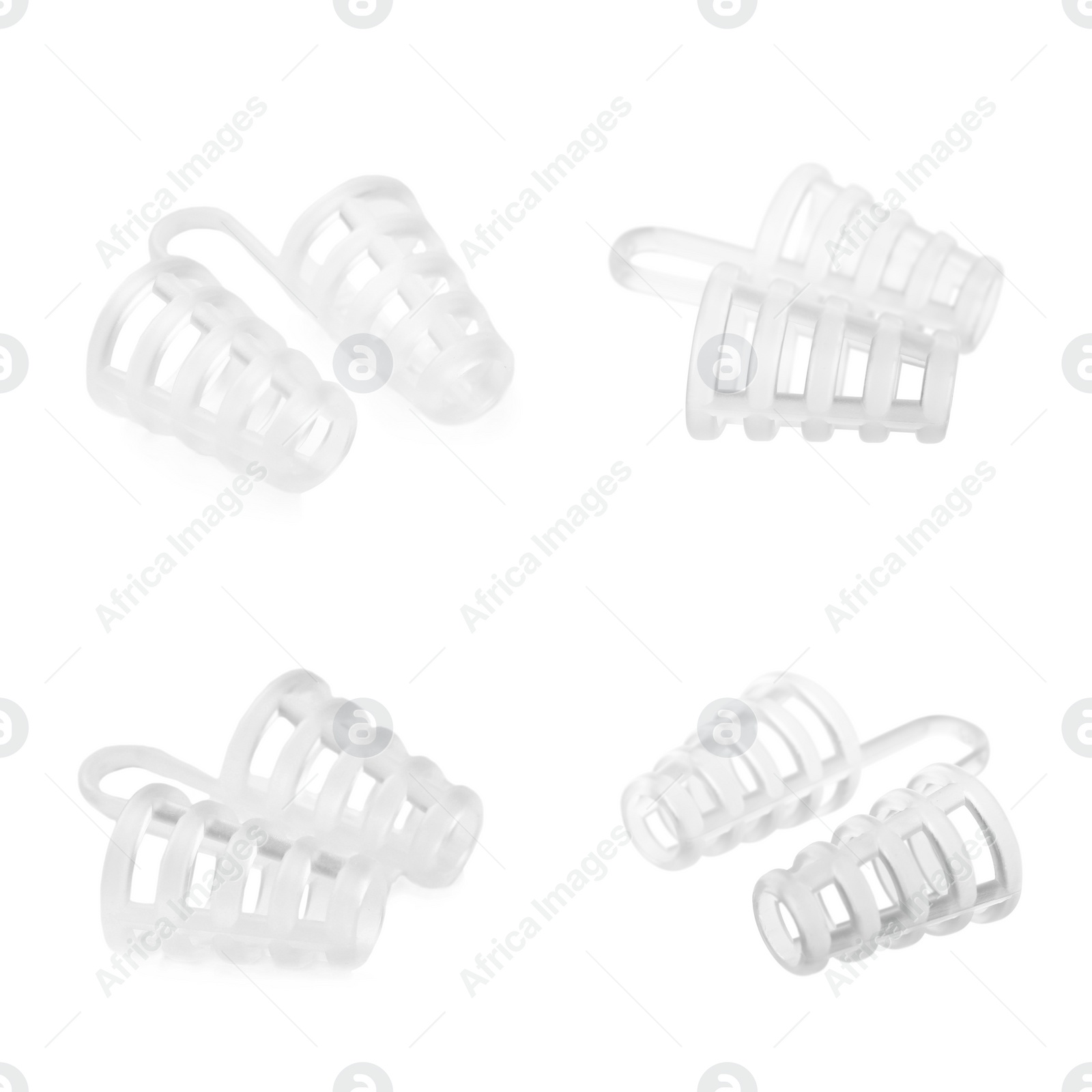 Image of Anti-snoring devices for nose on white background, collage