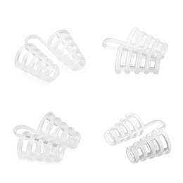 Anti-snoring devices for nose on white background, collage