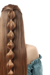 Woman with braided hair on white background, back view