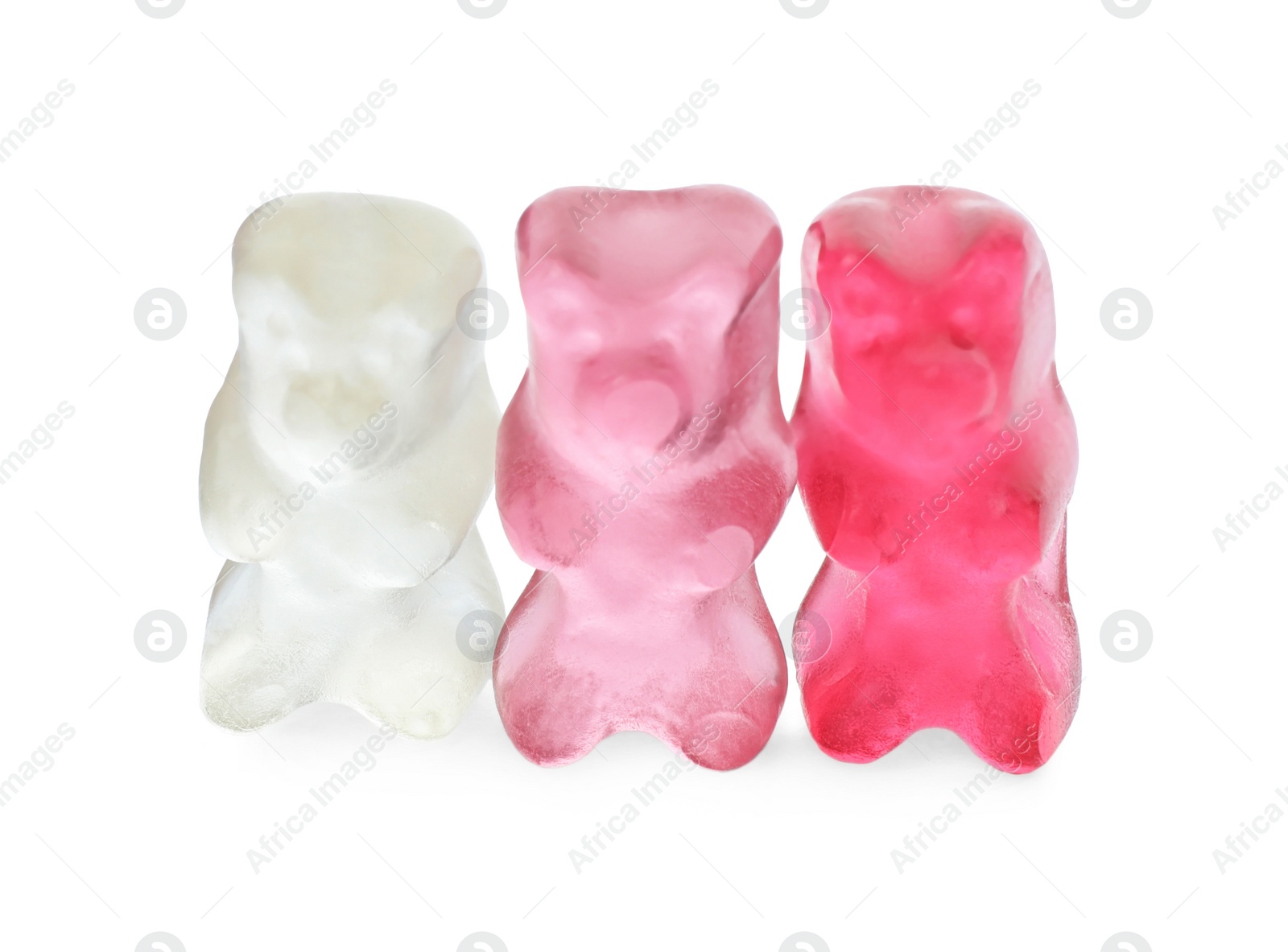 Photo of Delicious colorful jelly bears on white background