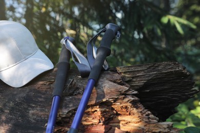 Photo of White cap and trekking poles on old log outdoors, closeup