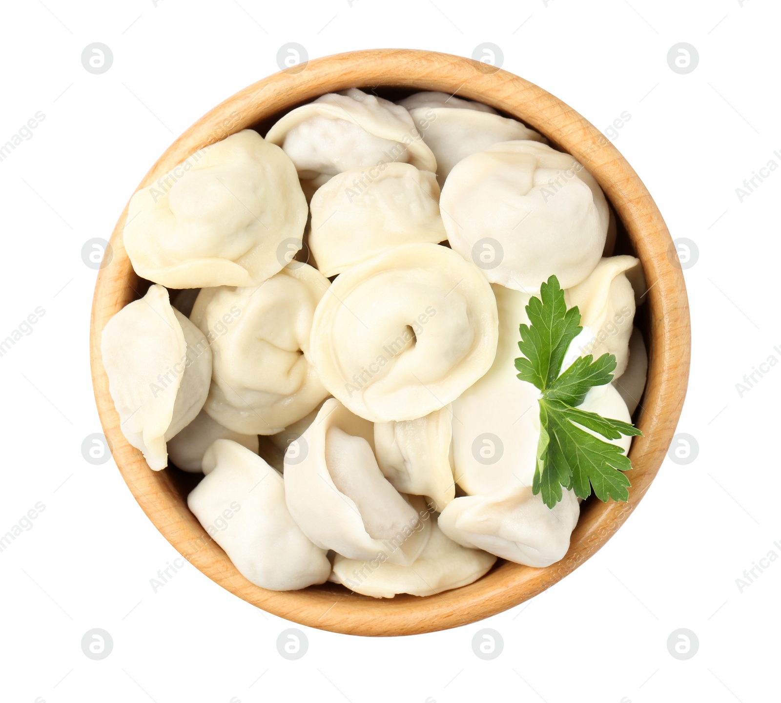 Photo of Bowl with tasty dumplings isolated on white, top view