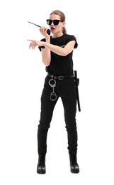 Photo of Female security guard using portable radio transmitter on white background