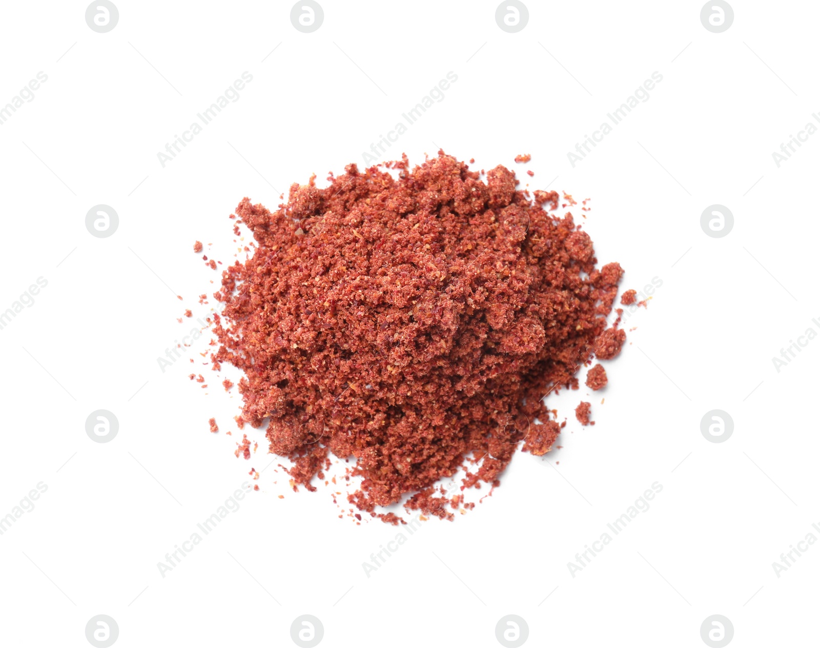 Photo of Heap of dried cranberry powder isolated on white, top view