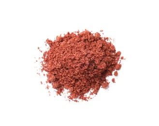 Heap of dried cranberry powder isolated on white, top view