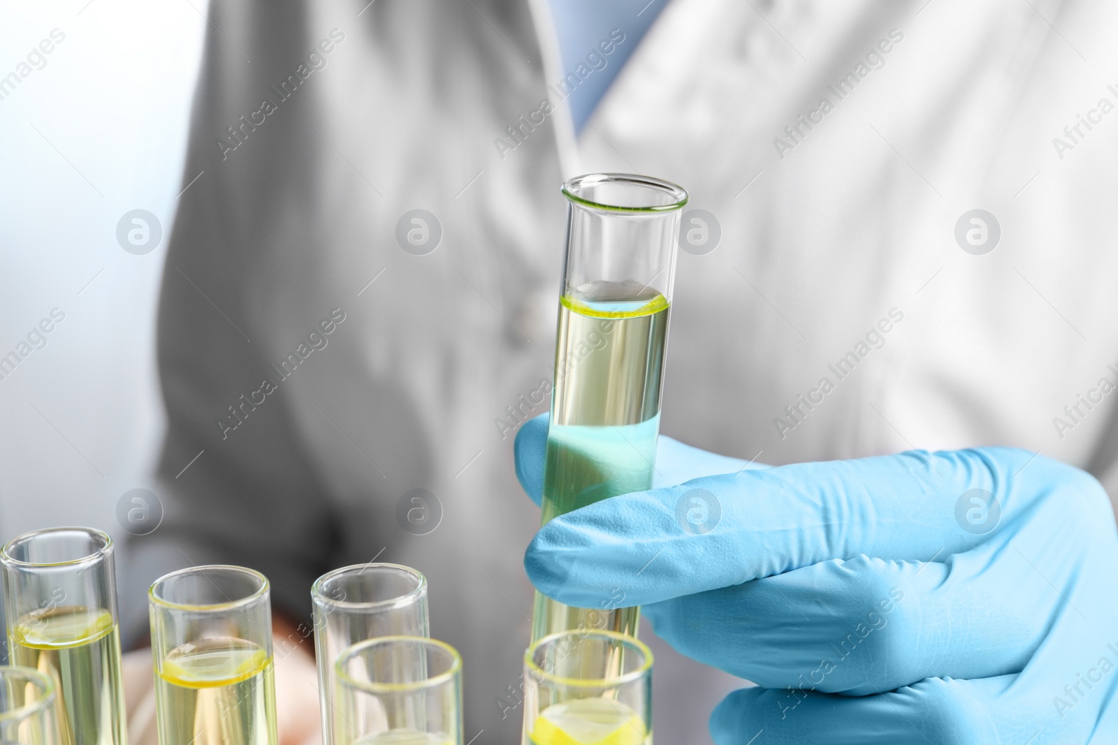 Photo of Doctor taking test tube with urine sample for analysis, closeup