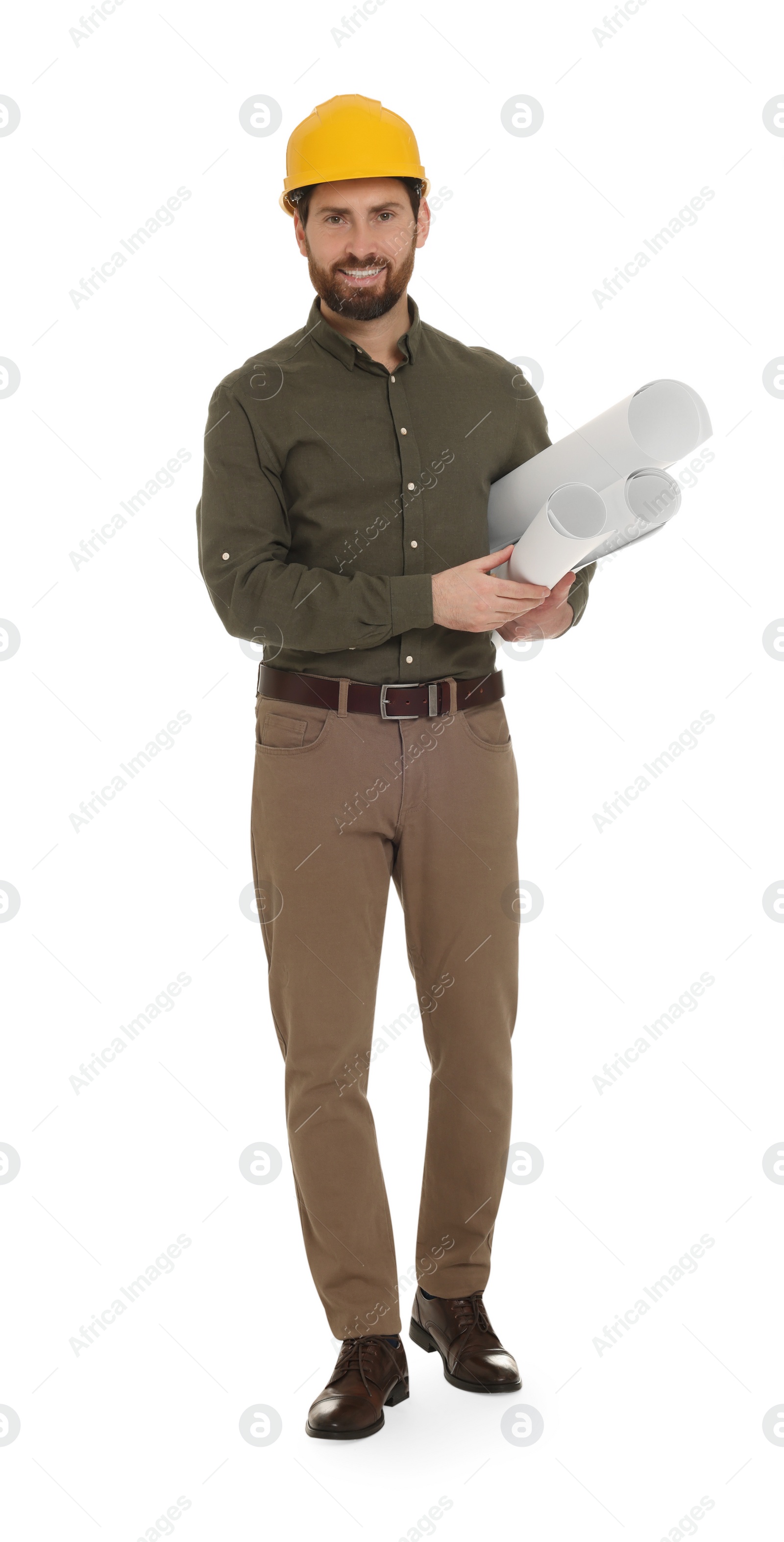 Photo of Architect in hard hat with drafts on white background