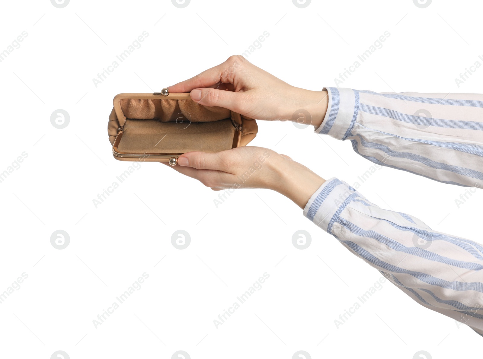 Photo of Woman with empty wallet on white background, closeup