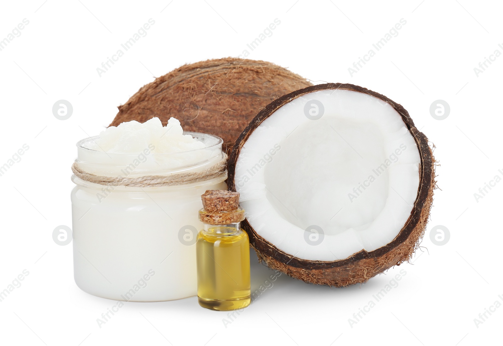 Photo of Organic coconut cooking oil and fresh fruits isolated on white