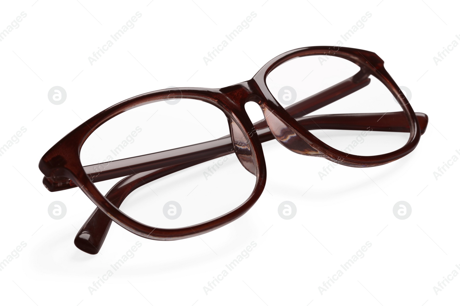 Photo of Stylish glasses with brown frame isolated on white