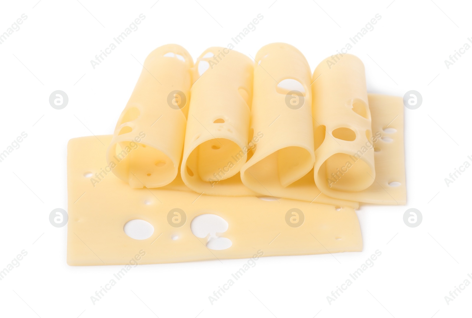 Photo of Slices of tasty fresh cheese isolated on white