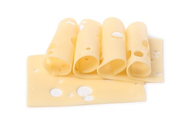 Photo of Slices of tasty fresh cheese isolated on white