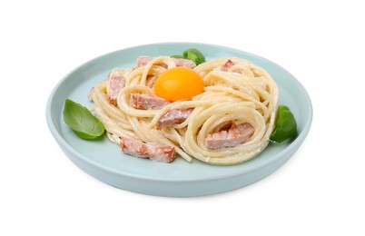 Photo of Plate of delicious pasta Carbonara with egg yolk isolated on white