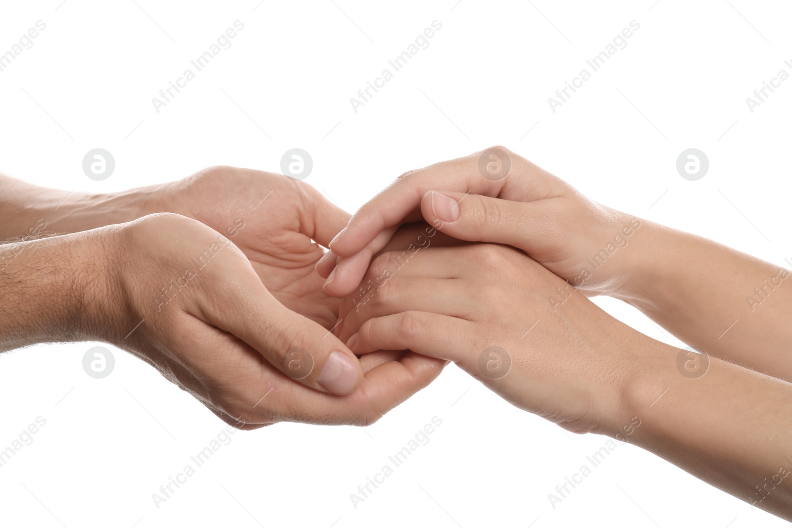 Photo of Man and woman holding hands on white background, closeup. Help and support concept