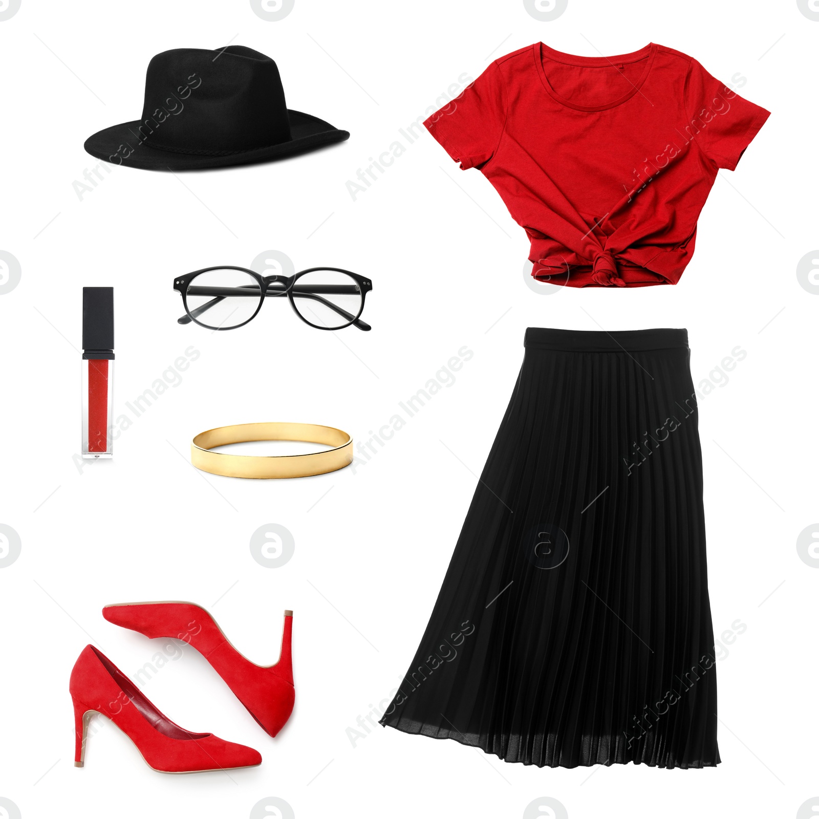 Image of Set of stylish female clothes and accessories on white background