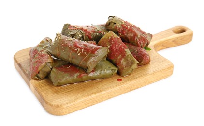 Photo of Delicious stuffed grape leaves with tomato sauce on white background