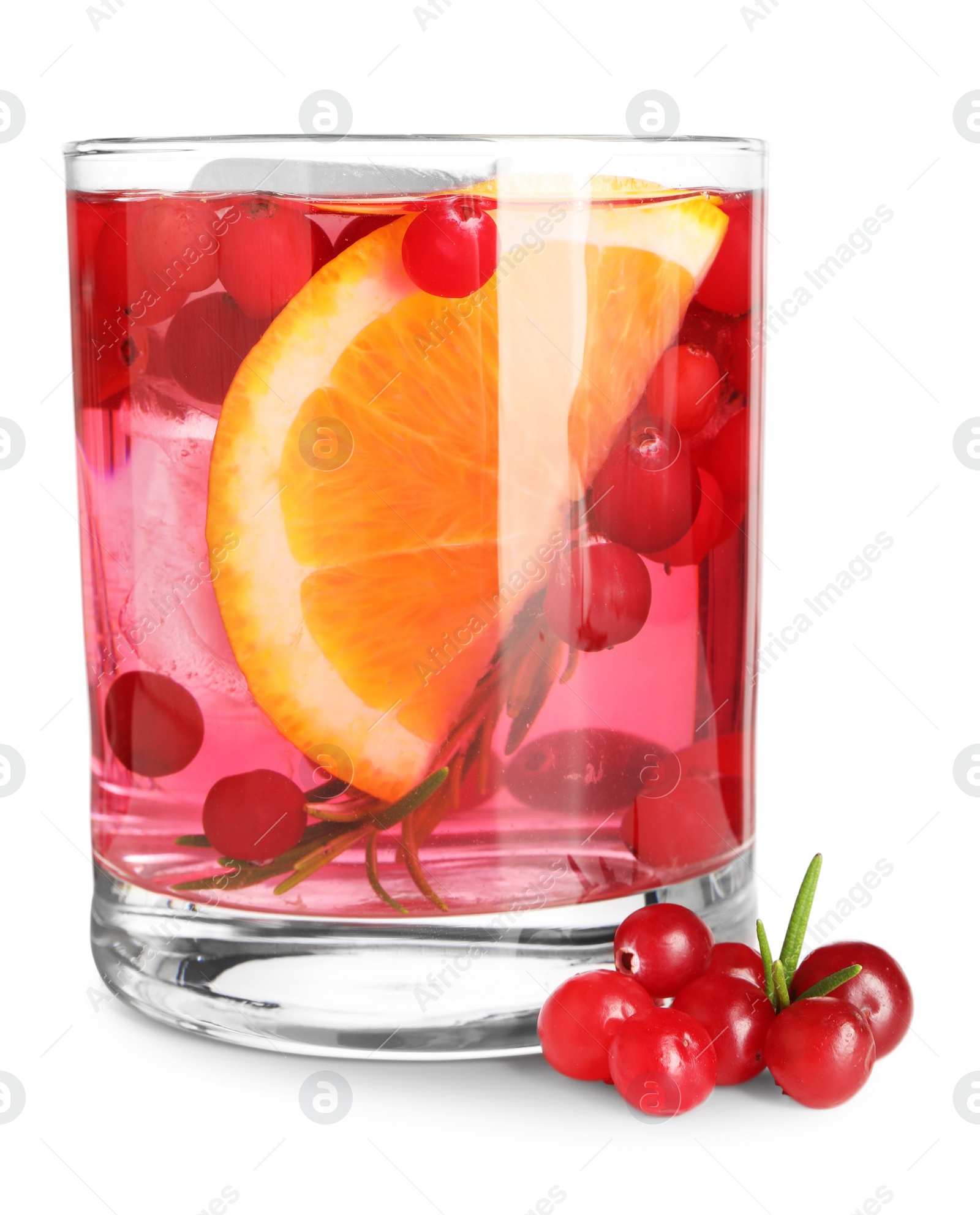 Photo of Tasty cranberry cocktail with ice cubes and orange in glass isolated on white