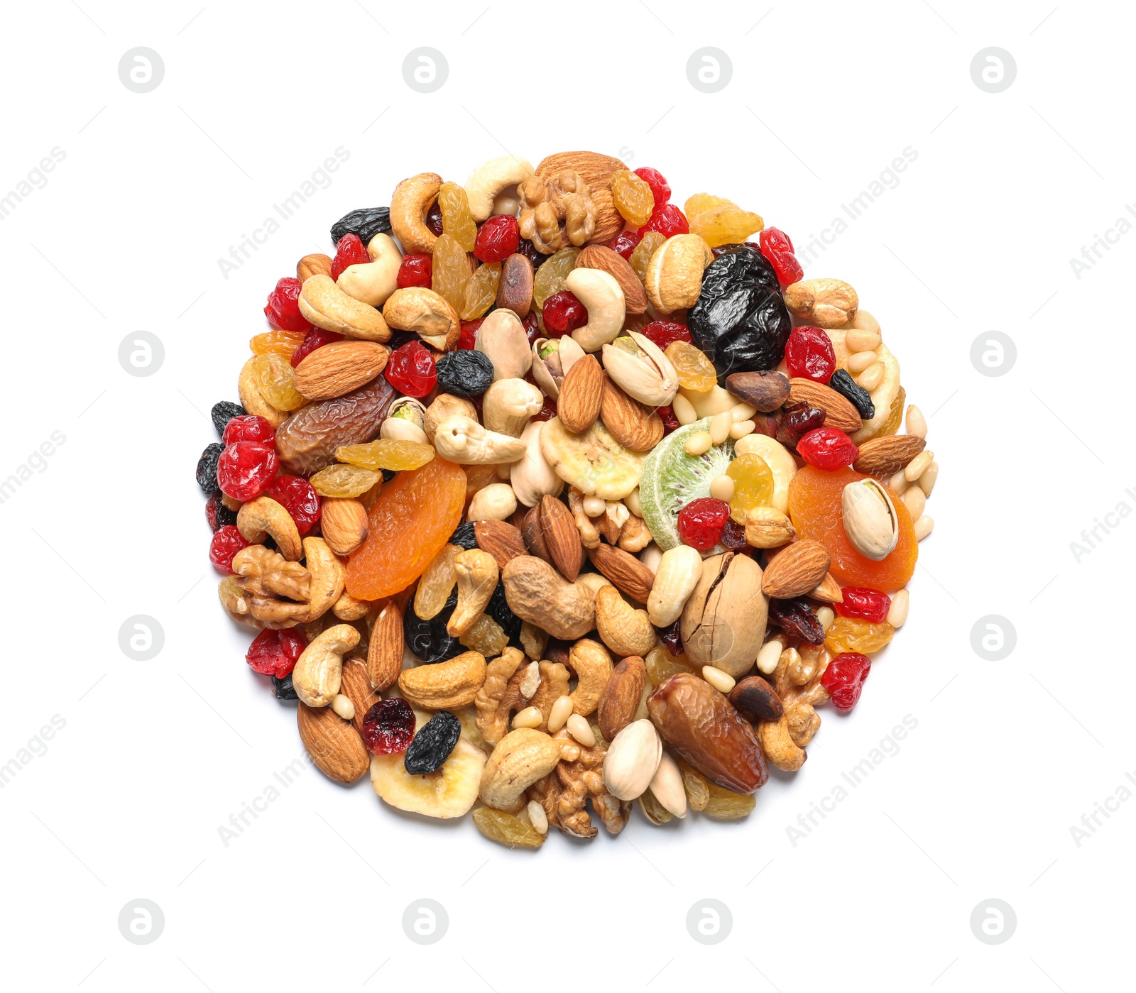 Photo of Heap of dried fruits and nuts isolated on white, top view