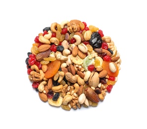 Photo of Heap of dried fruits and nuts isolated on white, top view