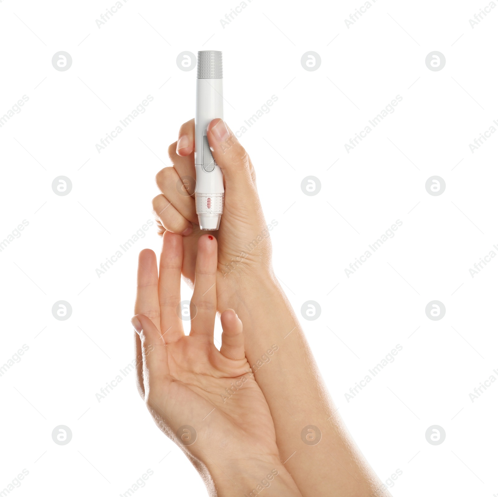 Photo of Woman using lancet pen on white background. Diabetes test