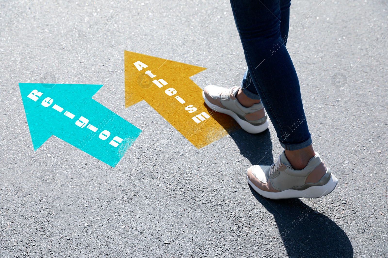 Image of Philosophical or religious position. Woman walking to drawn mark with word Atheism on road, closeup