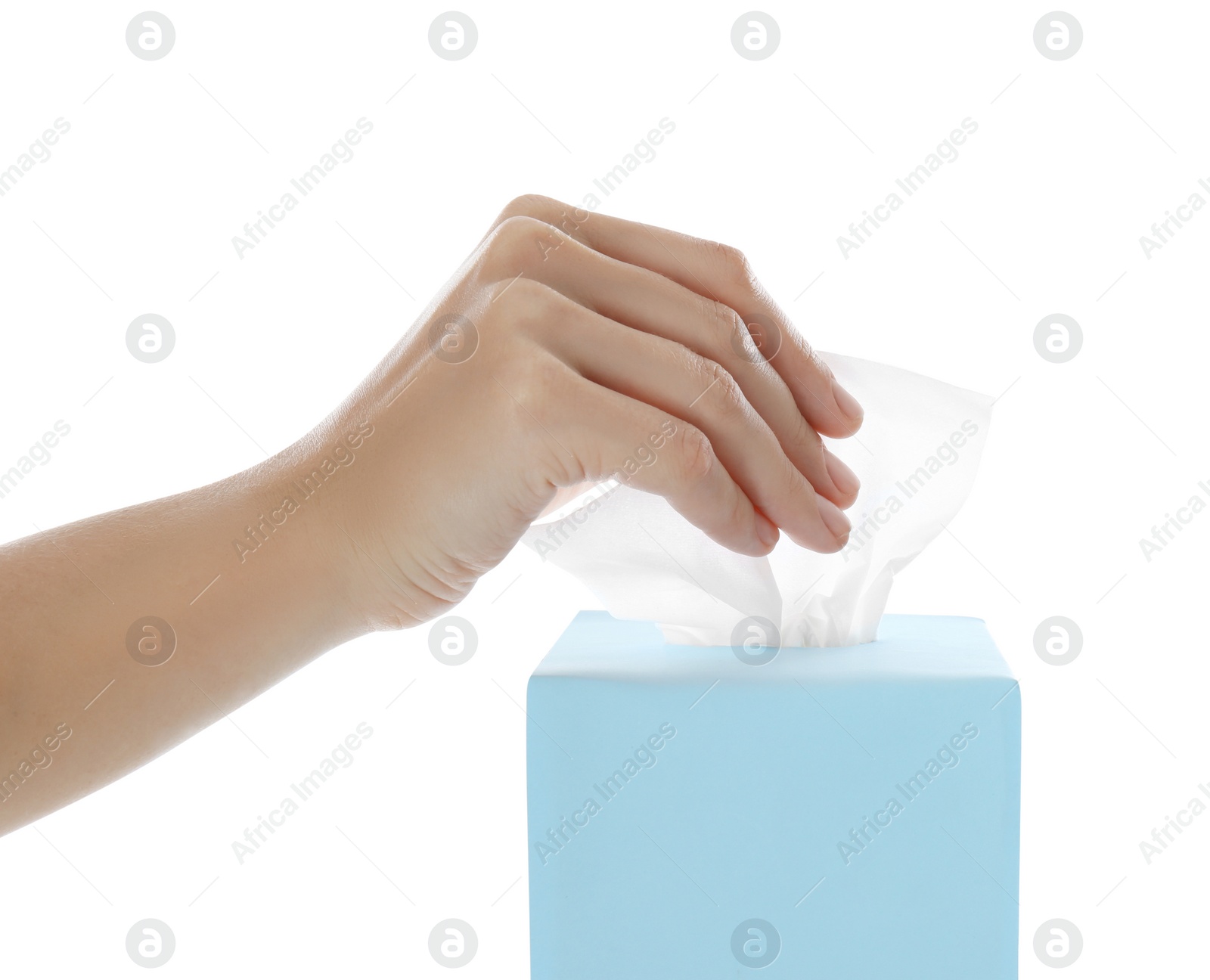 Photo of Woman taking paper tissue from box on white background, closeup