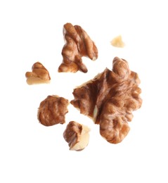 Photo of Pieces of walnut falling on white background