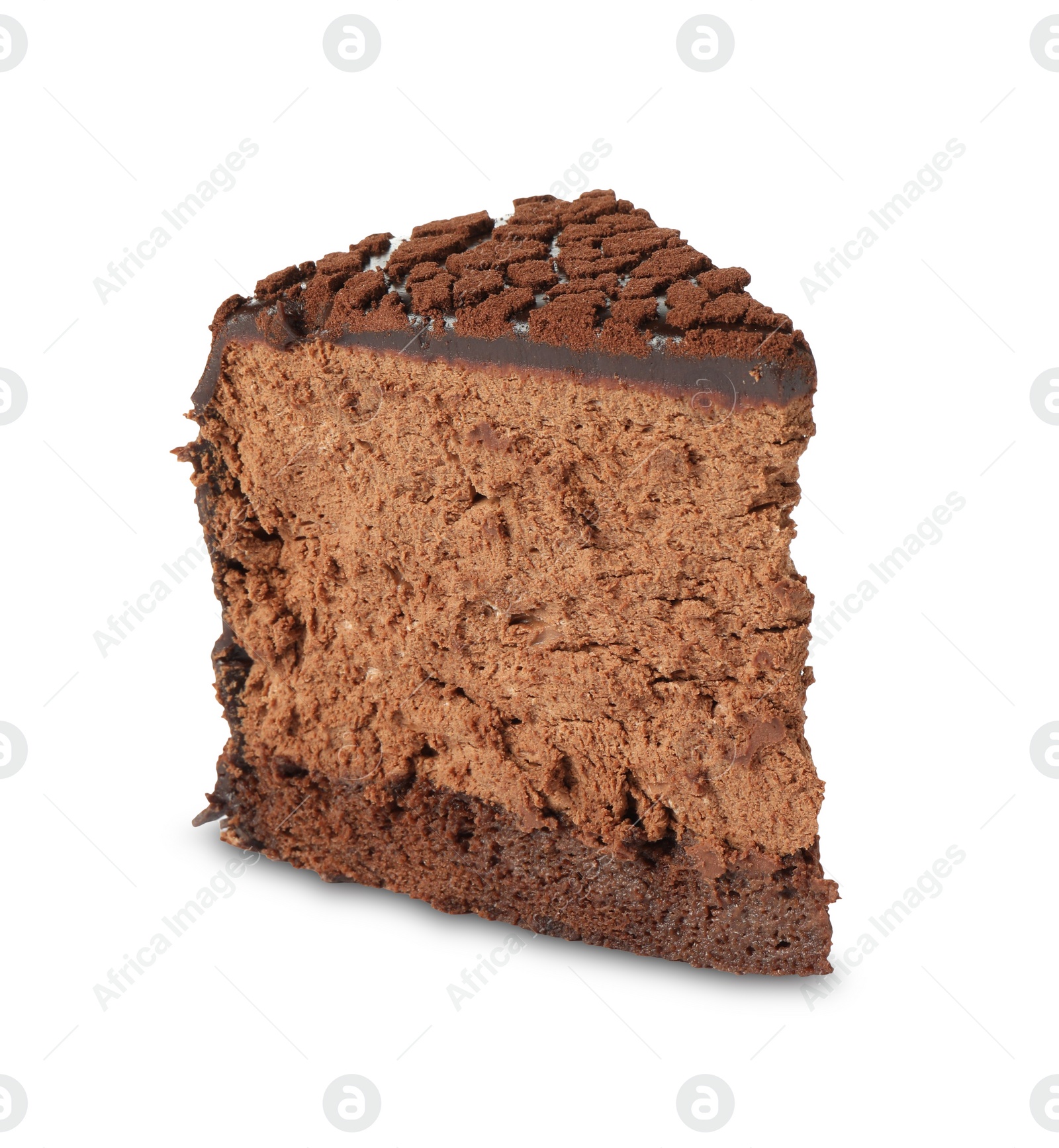 Photo of Piece of delicious chocolate truffle cake isolated on white