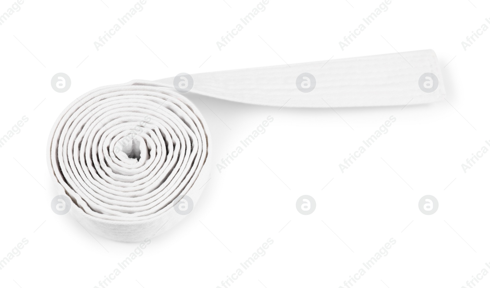 Photo of Karate belt isolated on white, above view. Martial arts uniform