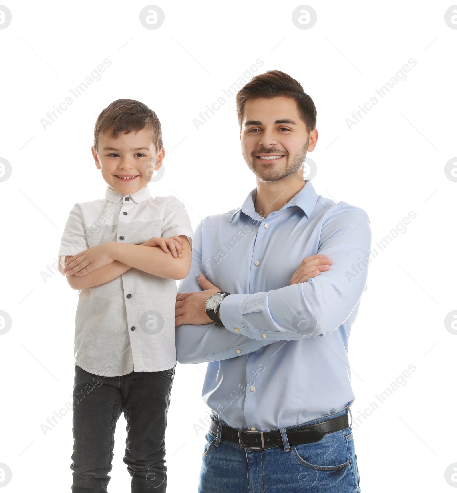 Photo of Portrait of dad and his son isolated on white