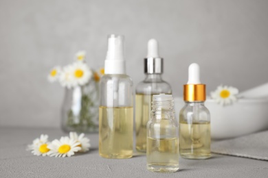 Bottles of chamomile essential oil and flowers on grey table, space for text