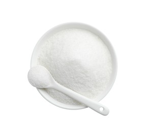 Photo of Granulated sugar in bowl and spoon isolated on white, top view