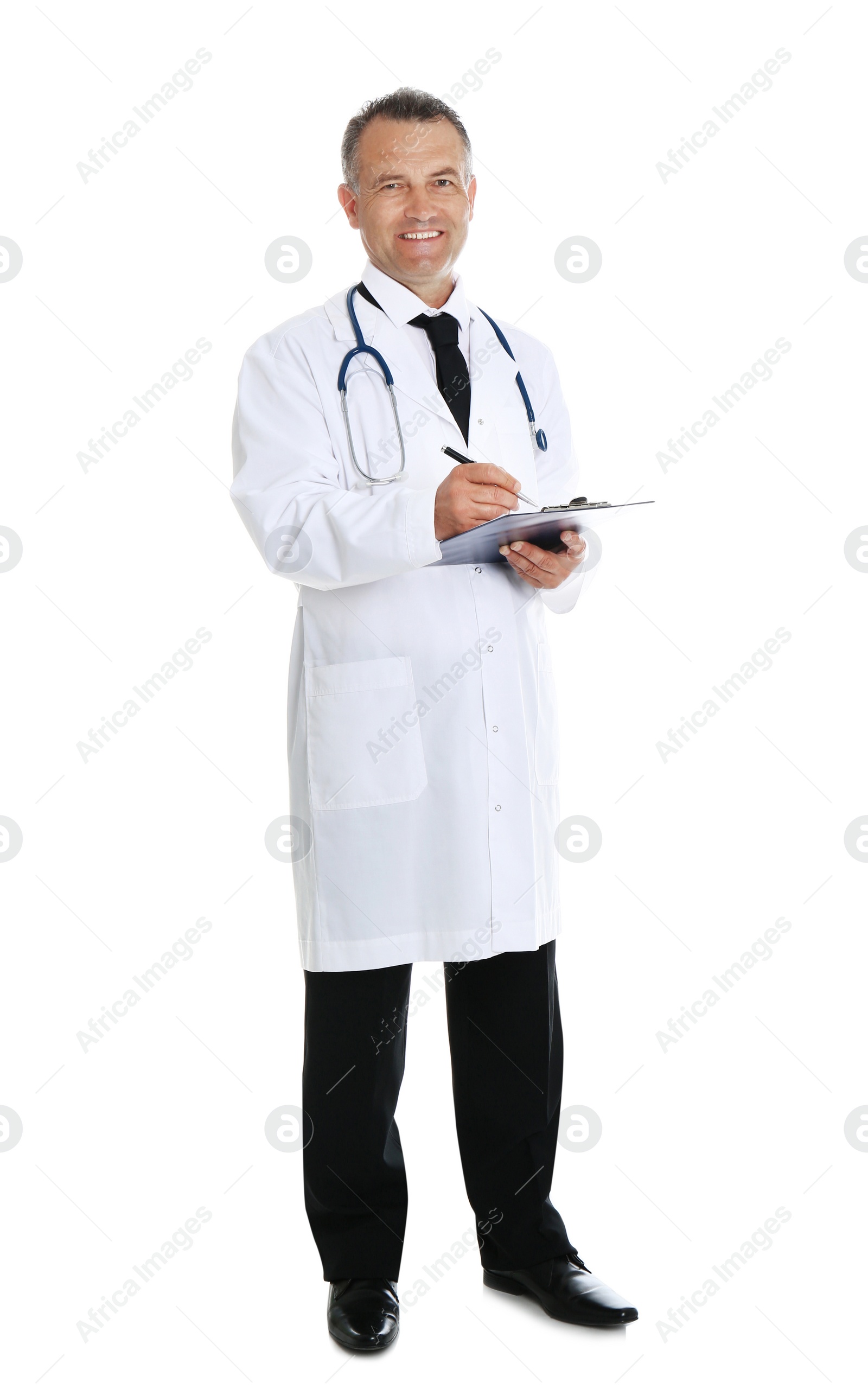 Photo of Full length portrait of experienced doctor in uniform on white background. Medical service