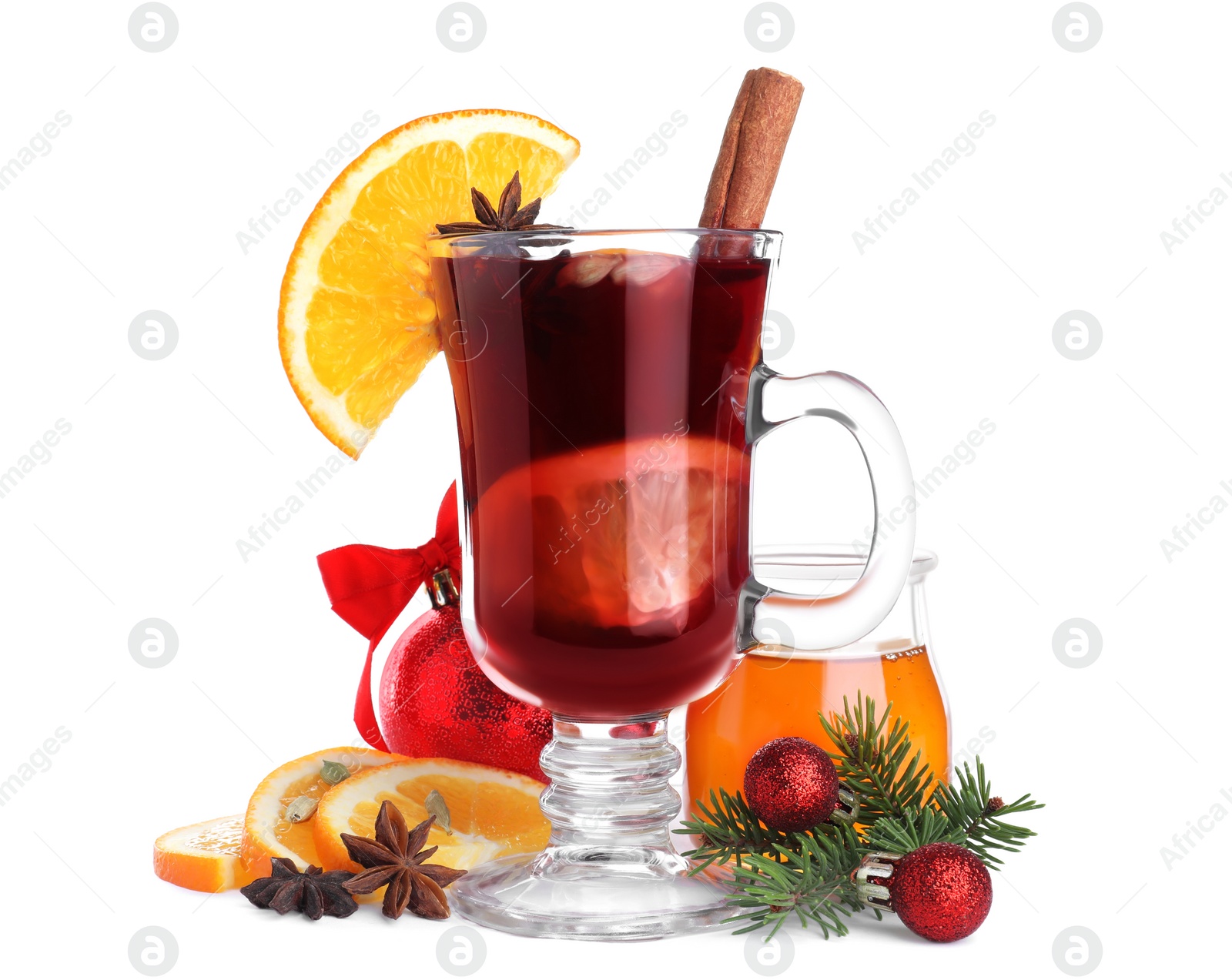 Photo of Aromatic mulled wine and ingredients on white background