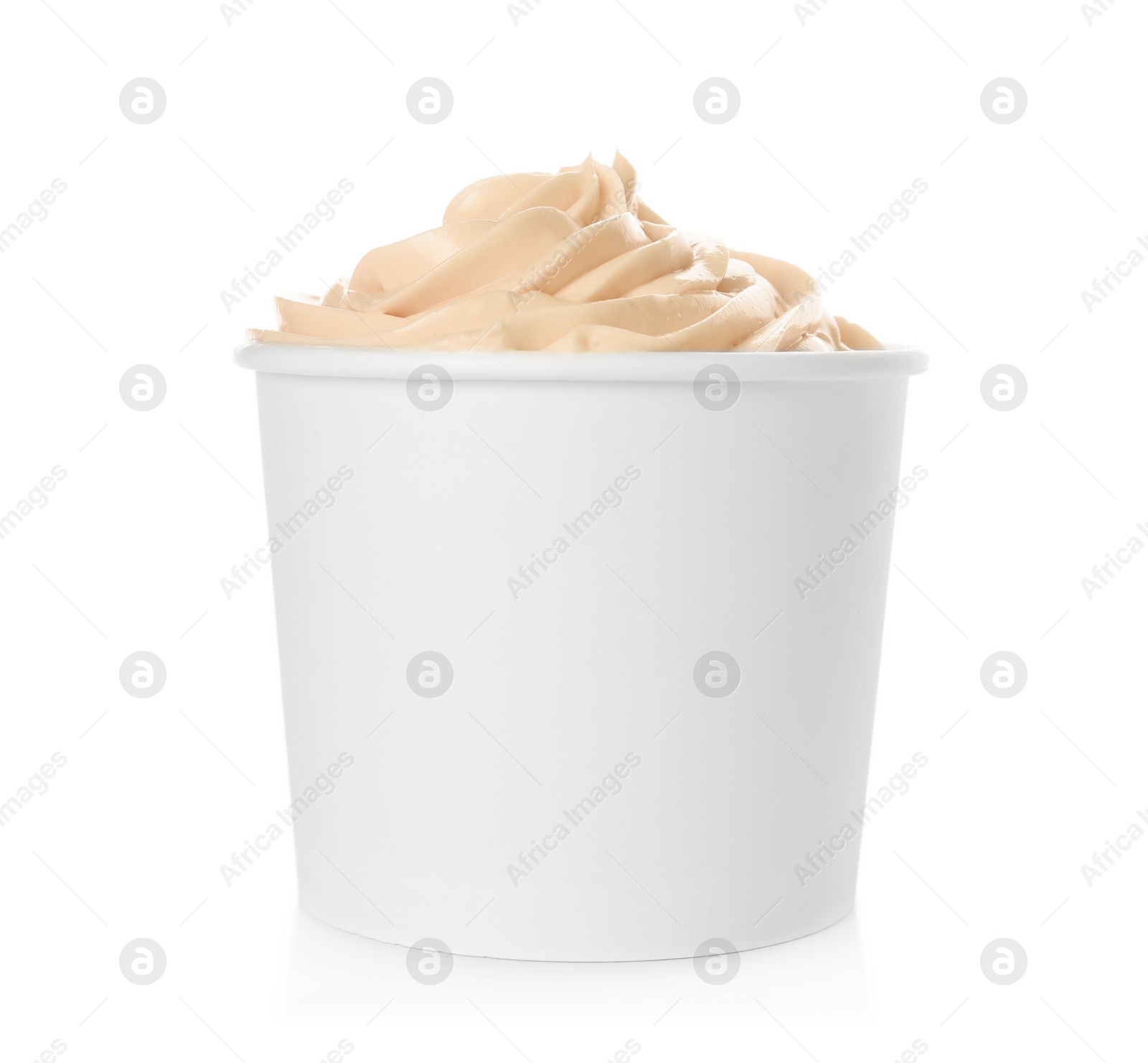 Photo of Cup with tasty frozen yogurt on white background