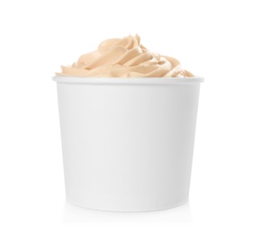 Photo of Cup with tasty frozen yogurt on white background