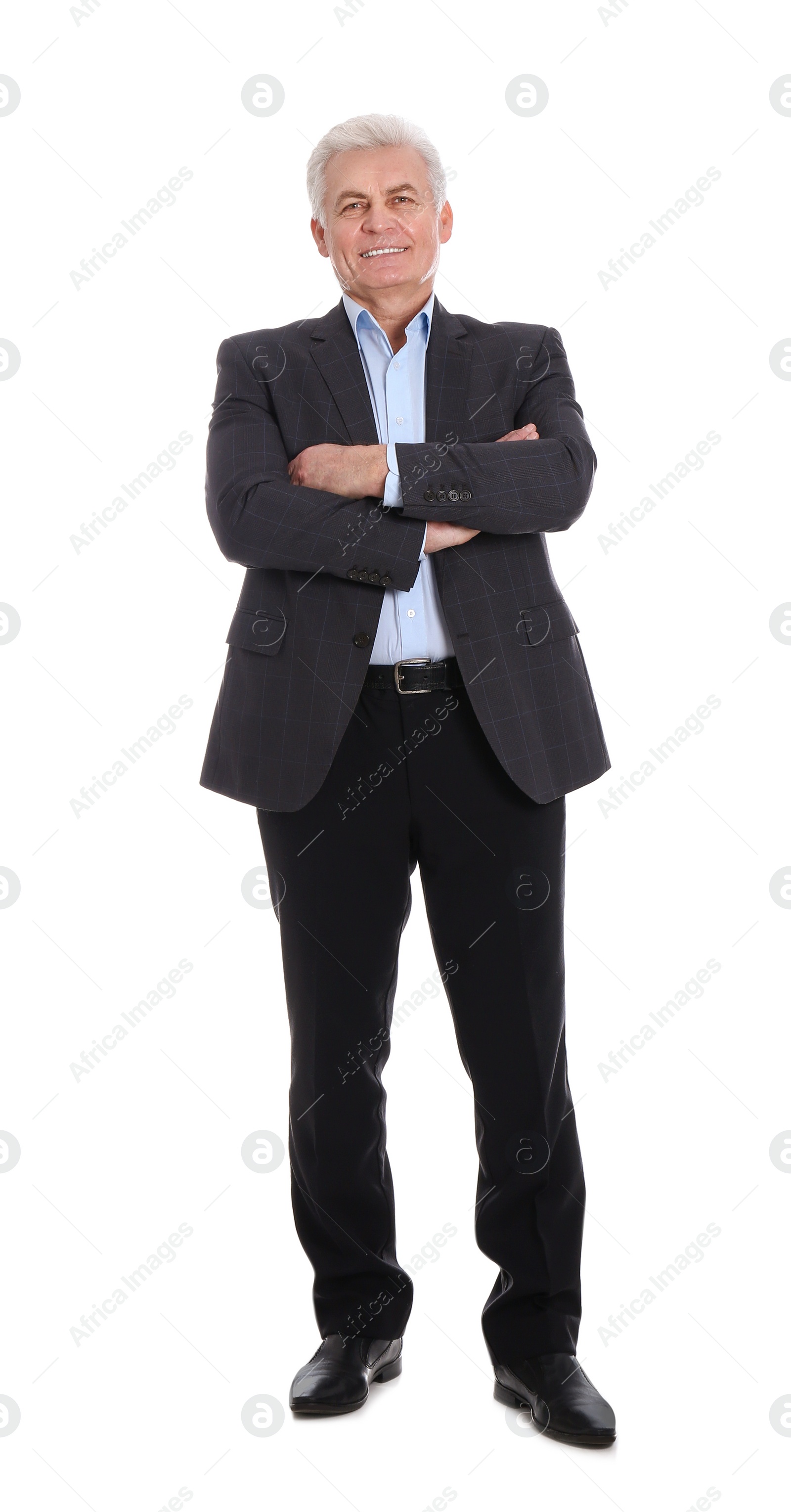 Photo of Handsome mature man in stylish suit on white background