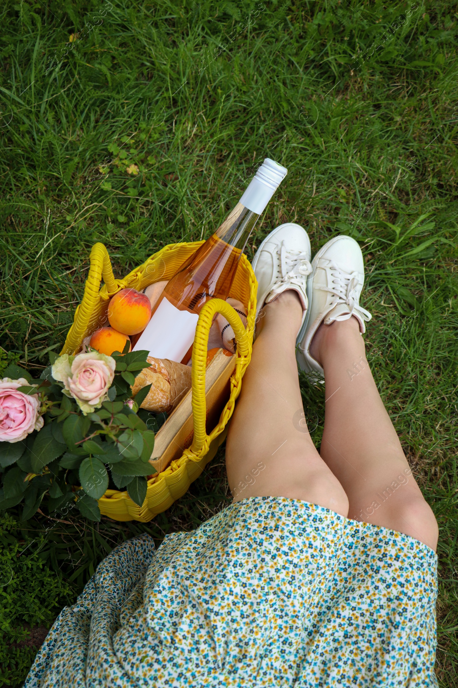 Photo of Woman sitting near yellow wicker bag with roses, wine, peaches and baguette on green grass outdoors, above view